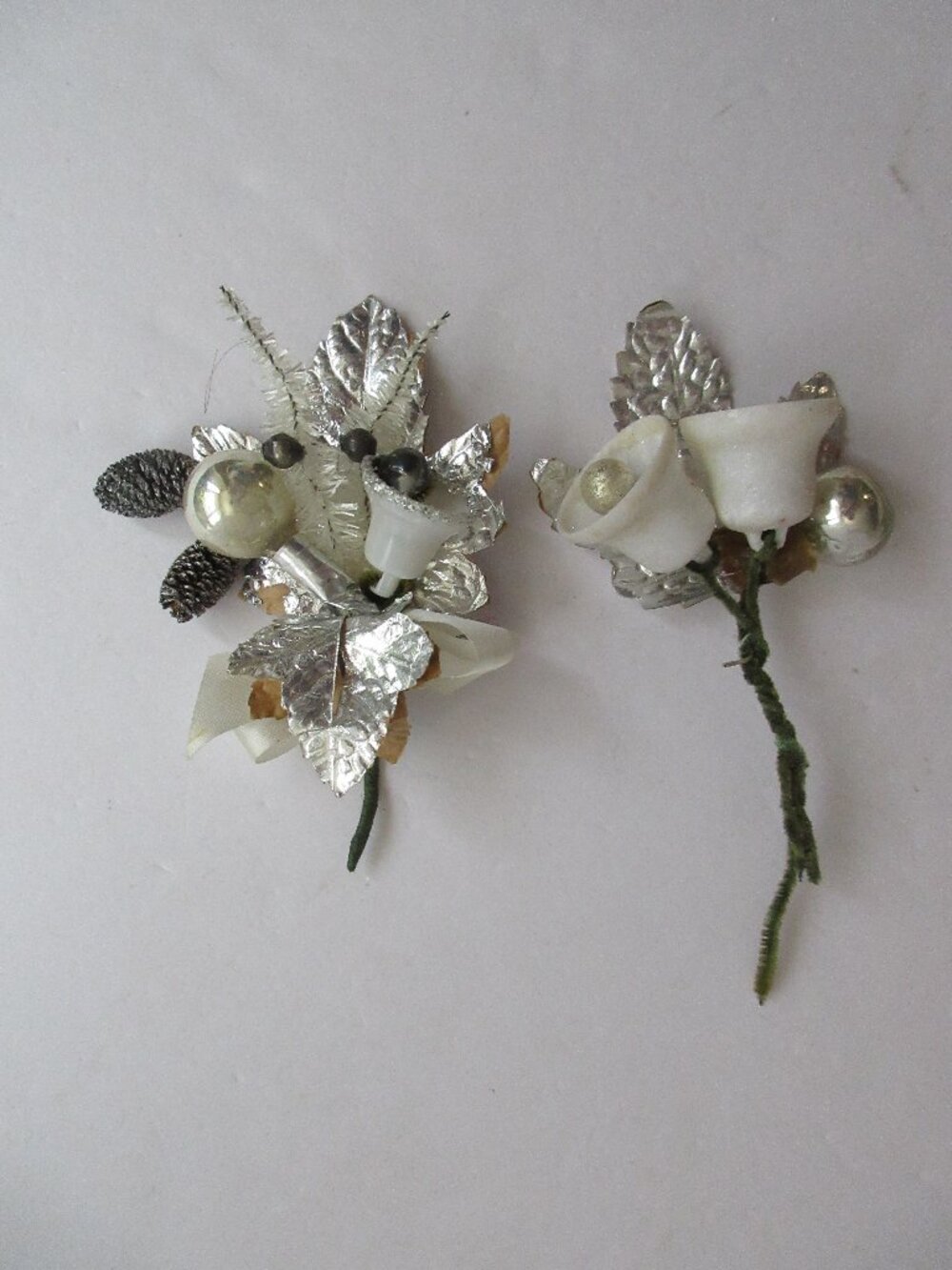 2 Christmas Corsages Glass Ornaments Silver Leaf Glitter Berries Bells Vintage